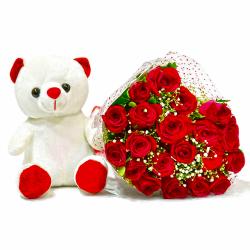 Exclusive Gift Hamper for Girl - Bouquet of Twenty Red Roses with Soft Toy