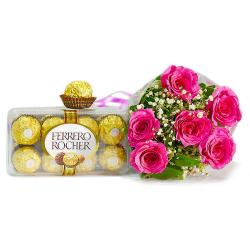Anniversary Flower Combos - Six Pink Roses Bouquet with Imported Ferrero Rocher Chocolates