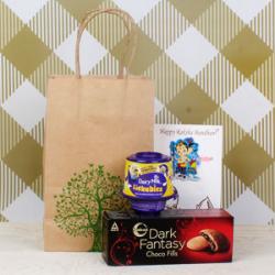 Kids Rakhi Gifts - Dairy Milk Lickables with Dark Fantasy Choco Fill Pack and Ganesha Krishna Rakhi