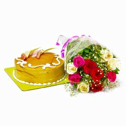 Flowers and Cake for Him - Beautiful Mix Roses with Butterscotch Cake