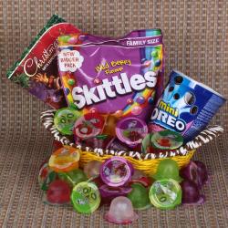 Send Christmas Gift Christmas Gift Basket of Skittles and Mini Oreo with Fruit Jelly To Dehradun