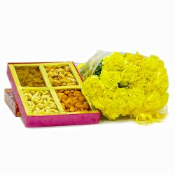 Send Flowers Gift Twenty Yellow Carnations Bouquet with Box of Assorted Dryfruits To Rajsamand