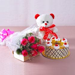 Flowers with Soft Toy - Bouquet of 6 Pink Roses with 1 kg Butterscotch Cake and Cuddly Bear