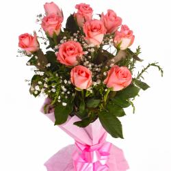 Vase Arrangement - Attactive Bouquet of Ten Pink Roses Tissue Wrapping