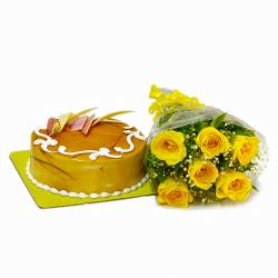 Flowers and Cake for Her - Six Yellow Roses Bunch with Butterscotch Cake