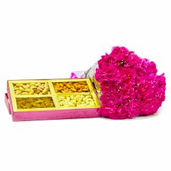 Flowers with Dry Fruits - Twelve Pink Carnations Bunch with Assorted Dry Fruits