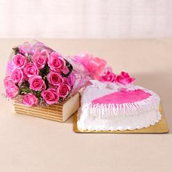 Womens Day - Love Heartshape Strawberry Cake with Pink Roses Bouquet