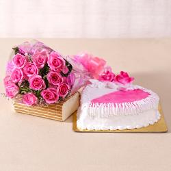 Engagement Gifts for Friend - Love Heartshape Strawberry Cake with Pink Roses Bouquet