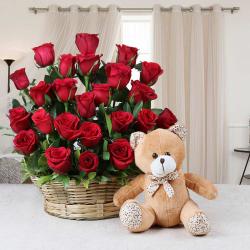 Anniversary Gifts for Daughter - Basket Arrangement of Red Roses with Teddy Bear