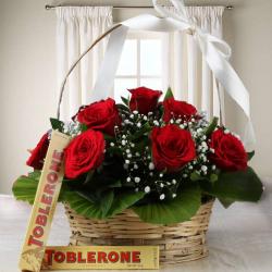 Valentine Fresh Flower Hampers - Valentine Combo of Roses and Toblerone Chocolate