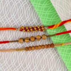 Set Of 3 Rakhis - Set Of Three Wooden Color Beads Rakhis