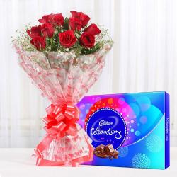 Valentine Fresh Flower Hampers - Red Roses with Cadbury Celebration