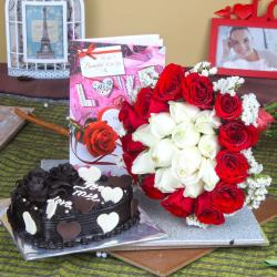 Valentine Flowers with Sweets - Heart Shape Chocolate Cake with Roses Bouquet and Love Greeting Card