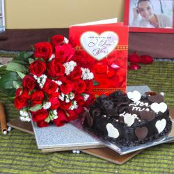 Valentine Heart Shaped Cakes - Heart Shape Chocolate Cake with Roses Bouquet and Love Card