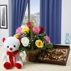 Valentine Flowers with Teddy Soft Toy - Valentine Hamper of Colorful Roses Arrangement and Teddy Bear with Dry Fruits 