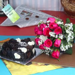 Mothers Day Gifts to Dehradun - Heartshape Chocolate Cake with Twelve Pink Roses Bouquet Mothers Day Gift