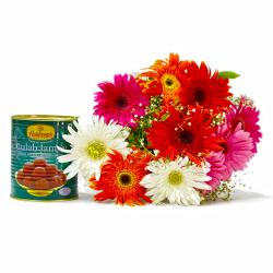 Send Bouquet of Mix Ten Gerberas with Gulab Jamuns To Dindigul