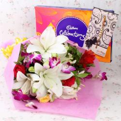 Rudraksha Rakhis - Mix Exotic Bouquet with Cadbury Celebration Chocolate and Rakhi