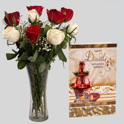 Mix Roses Vase Arrangement with Diwali Card