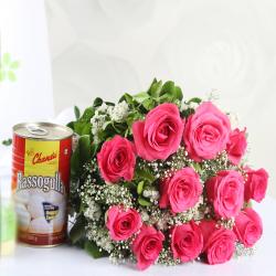 Send Bouquet of Pink Gerberas with Rasgullas To Dehradun