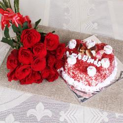 Anniversary Gifts Midnight Delivery - Red Roses with Heart Shape Velvet Cake