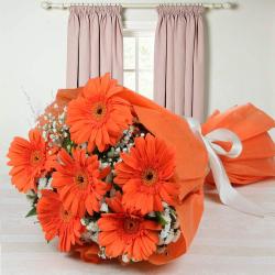 House Warming Gifts for Couple - Tissue Wrapped Orange Gerberas Bouquet