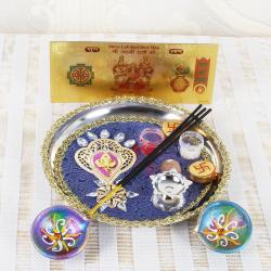 Diwali Pooja Thali - Ganesha Diwali Thali and Earthen Diya with Gold Plated Lakshmi Note
