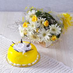 Birthday Fresh Flower Hampers - White Gerberas with Yellow Roses and Pineapple Cake