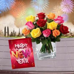 Send New Year Gift Mix Roses in Vase with New Year Greeting Card To Krishna