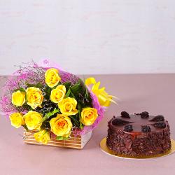 Exclusive Gift Hampers for Men - Ten Yellow Roses with Half Kg Choco Chips Chocolate Cake