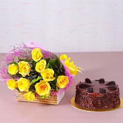 New Year Midnight Special Gifts - Ten Yellow Roses with Half Kg Choco Chips Chocolate Cake