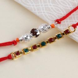 Set Of 2 Rakhis - Silver Rudraksha Rakhi with Multi Stone Bracelet Rakhi