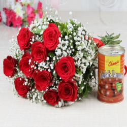 Ganesh Chaturthi - Lovely Ten Red Roses with Tempting Gulab Jamuns