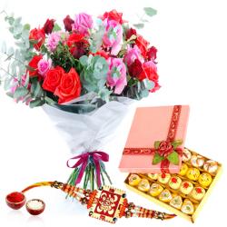 Rakhi With Flowers - Lovely Roses and Sweets with Rakhi