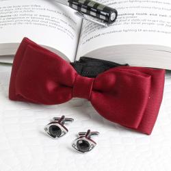 Belts and Cufflinks - Marron Polyester Dual Bow with Eye Design Cufflink
