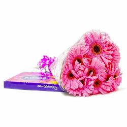 Flowers with Chocolates - Bouquet of 10 Pink Gerberas with Celebration Chocolate Box