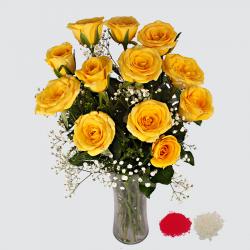 Bhai Dooj Gift Hampers - Yellow Roses in a Glass Vase for Bhaidooj