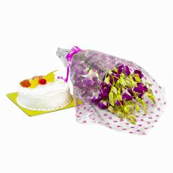 Flowers and Cake for Him - Ten Orchids with Pineapple Cake