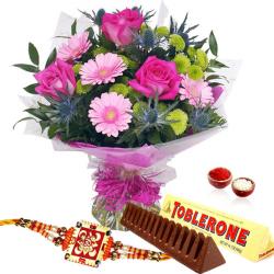 Rakhi With Flowers - Bouquet of Flowers with Rakhi and Toblerone Chocolate