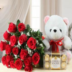 Flowers with Chocolates - Teddy Bear with Ferrero Rocher Chocolate and Red Roses Bouquet