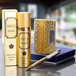 Bhai Dooj Gift Ideas - Golden Havoc Deodorant, Card Holder and Crystal Pen