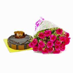 Birthday Fresh Flower Hampers - Hot 20 Pink Roses with Chocolate Cake