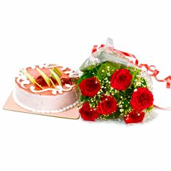 Flowers and Cake for Her - Six Red Roses Bunch with Strawberry Cake