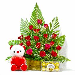 Soft Toy Combos - Basket of 20 Red Roses with Ferrero Rocher Chocolates and Teddy Bear
