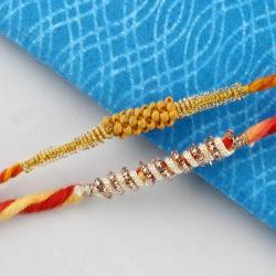 Set Of 2 Rakhis - Mini Acrylic Wooden Beads Rakhi with Zardosi Rakhi