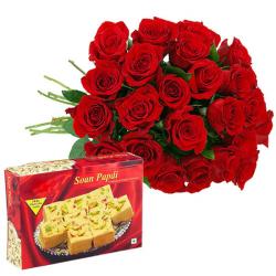 Anniversary Gifts for Brother - 25 Red Roses And Soan Papdi