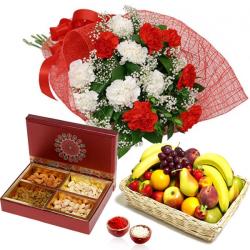 Bhai Dooj Gift Combos - Carnation Bouquet with Manifold Fruits and Dry Fruits for Bhai Dooj
