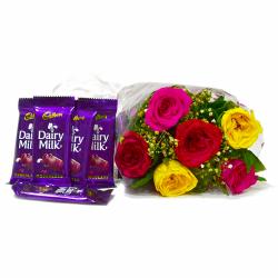 Chocolate with Flowers - Six Mix Roses Bouquet with Bars of Cadbury Dairy Milk Chocolates