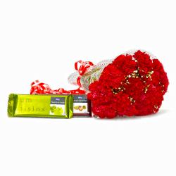 Good Luck Flowers - Fifteen Red Carnations Boquet with Cadbury Temptation Chocolates