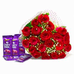 Sorry Flowers - Bunch of Twenty Red Roses with Five Cadbury Dairy Milk Chocolate Bars